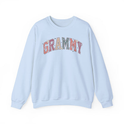 Light blue Grammy retro daisy sweatshirt with varsity lettering and white daisies