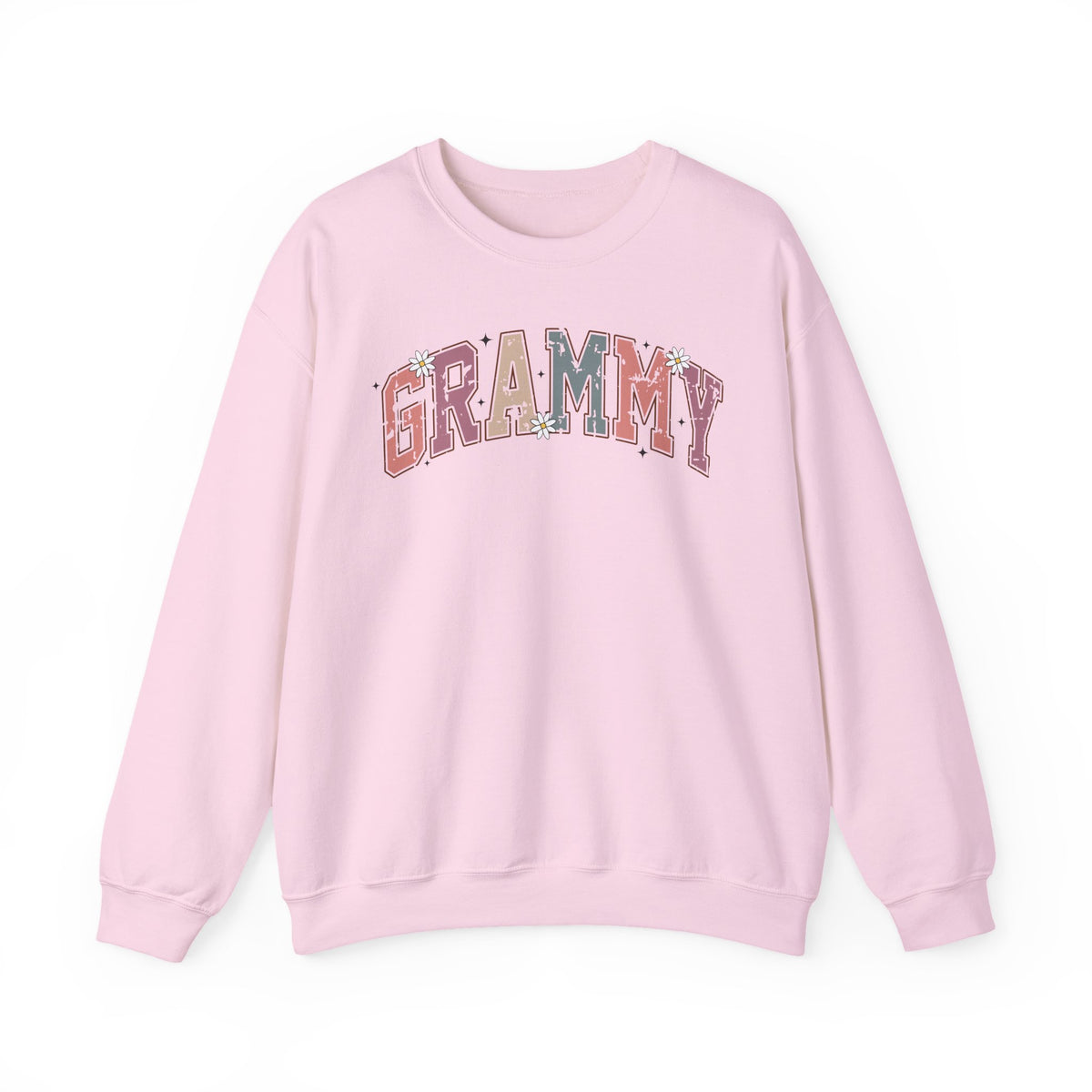 Light pink Grammy retro daisy sweatshirt with varsity lettering and white daisies