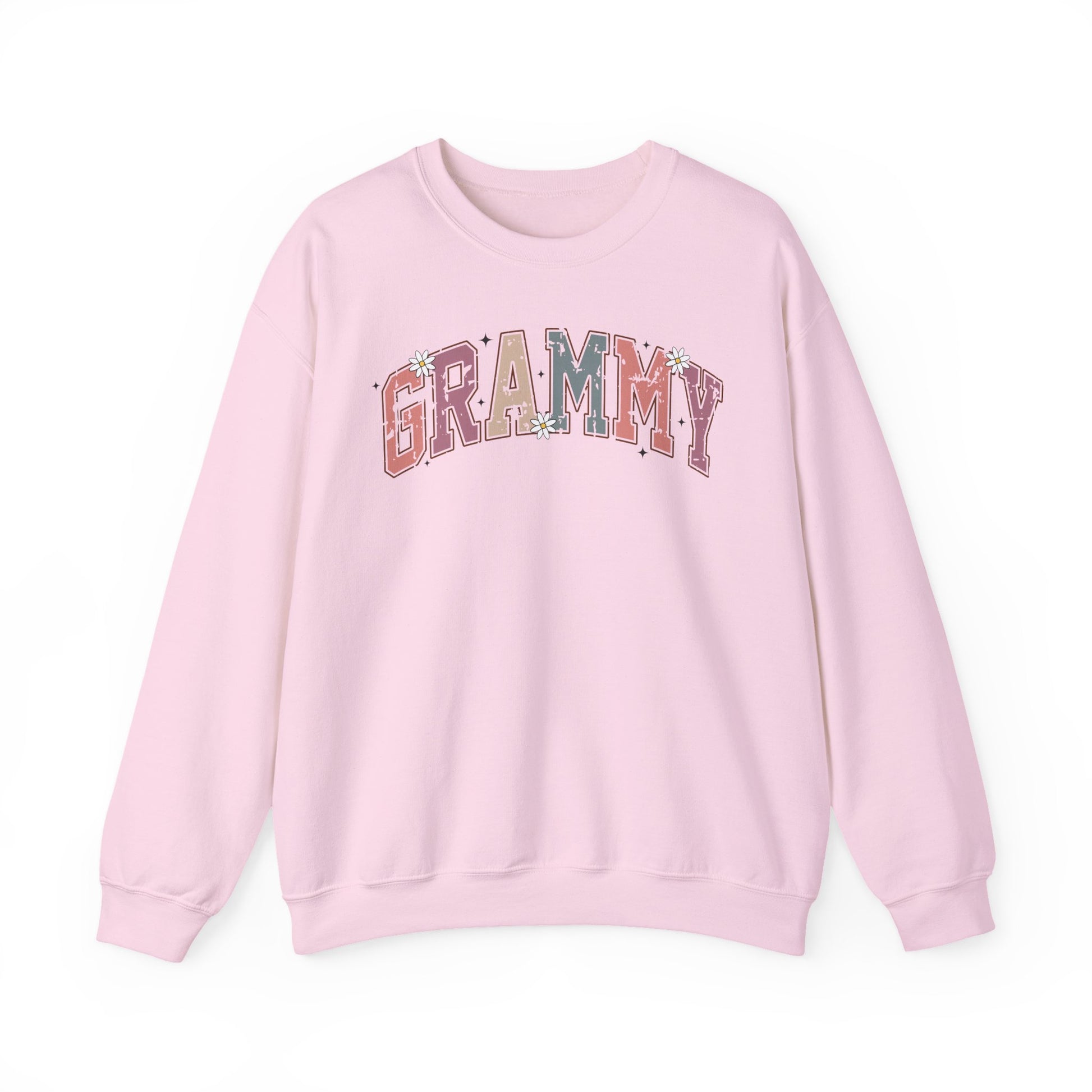 Light pink Grammy retro daisy sweatshirt with varsity lettering and white daisies