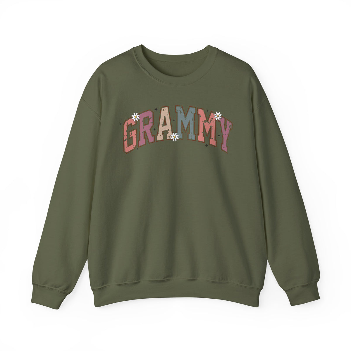 Military green Grammy retro daisy sweatshirt with varsity lettering and white daisies