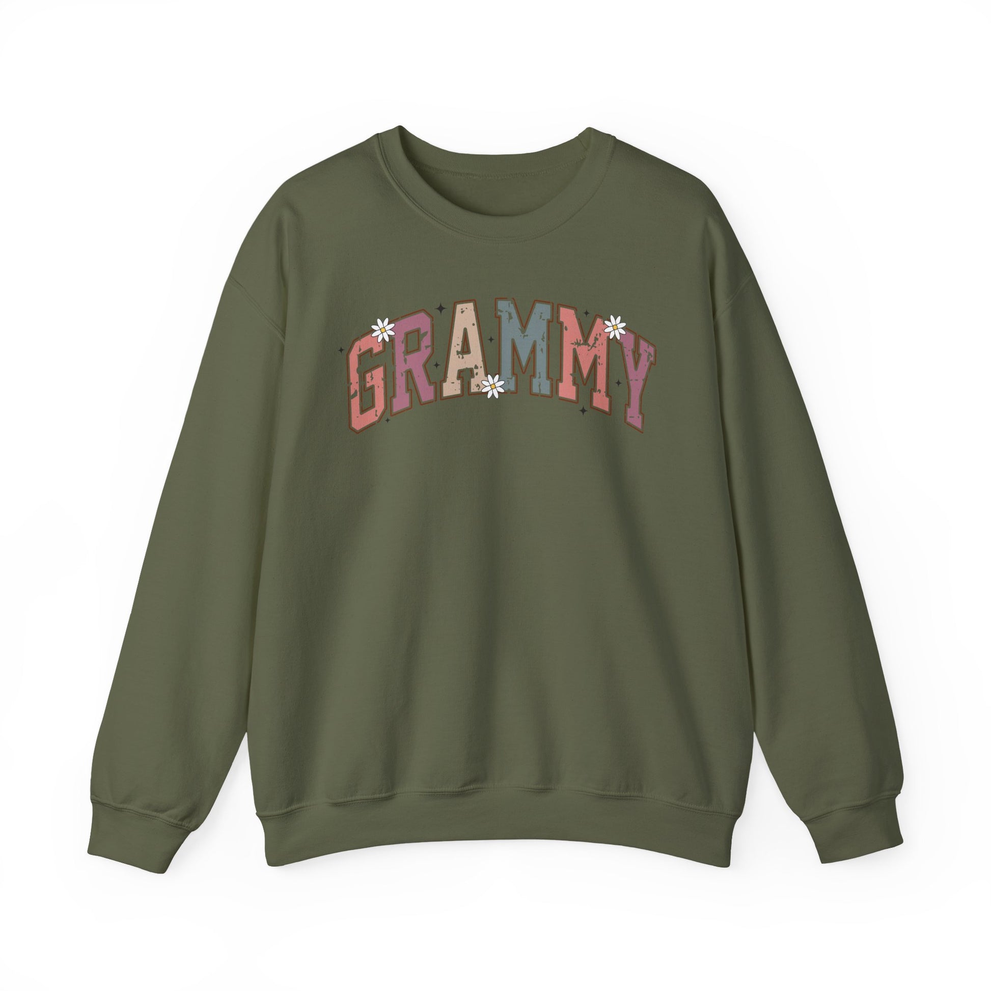 Military green Grammy retro daisy sweatshirt with varsity lettering and white daisies