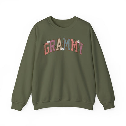 Military green Grammy retro daisy sweatshirt with varsity lettering and white daisies