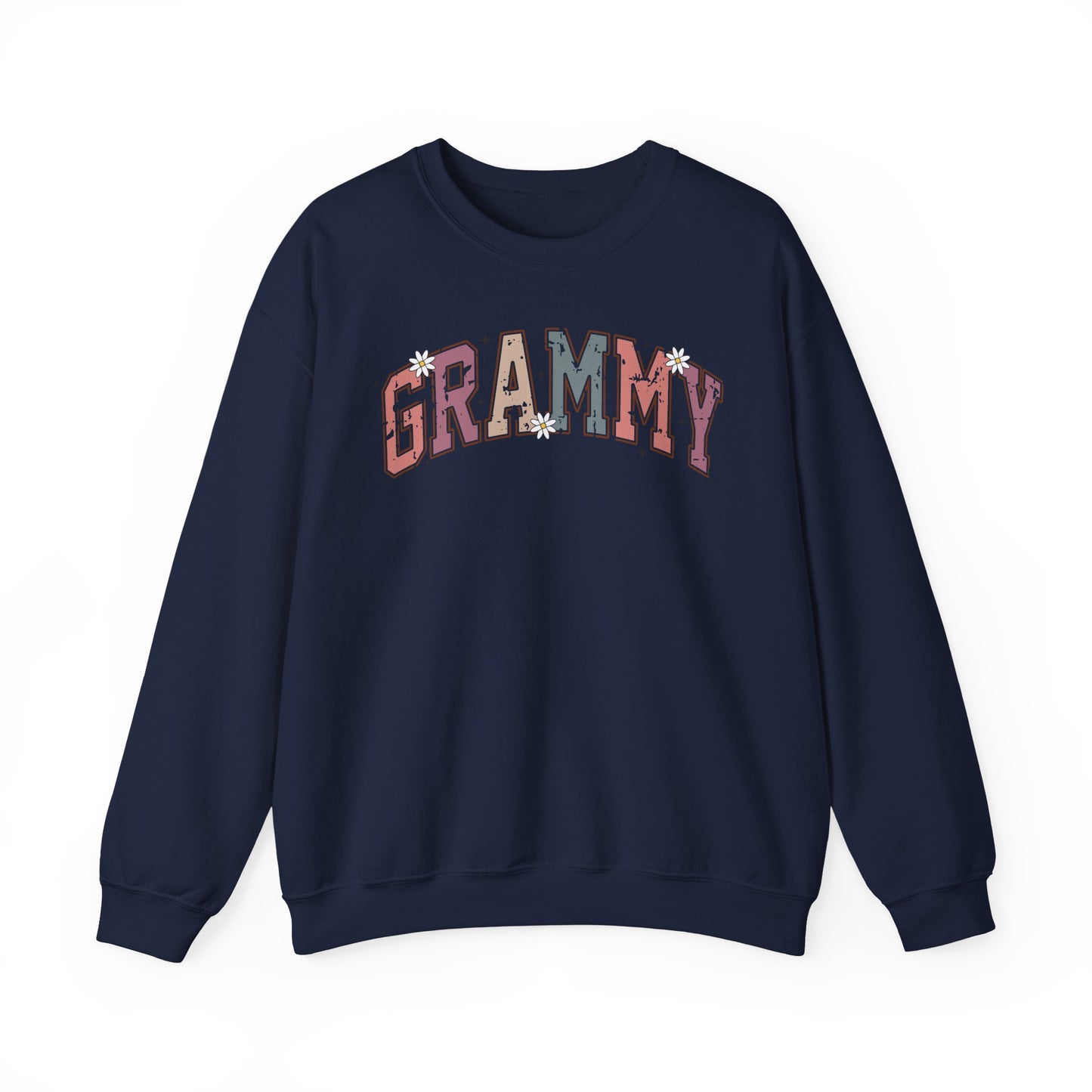 Navy Grammy retro daisy sweatshirt with varsity lettering and white daisies