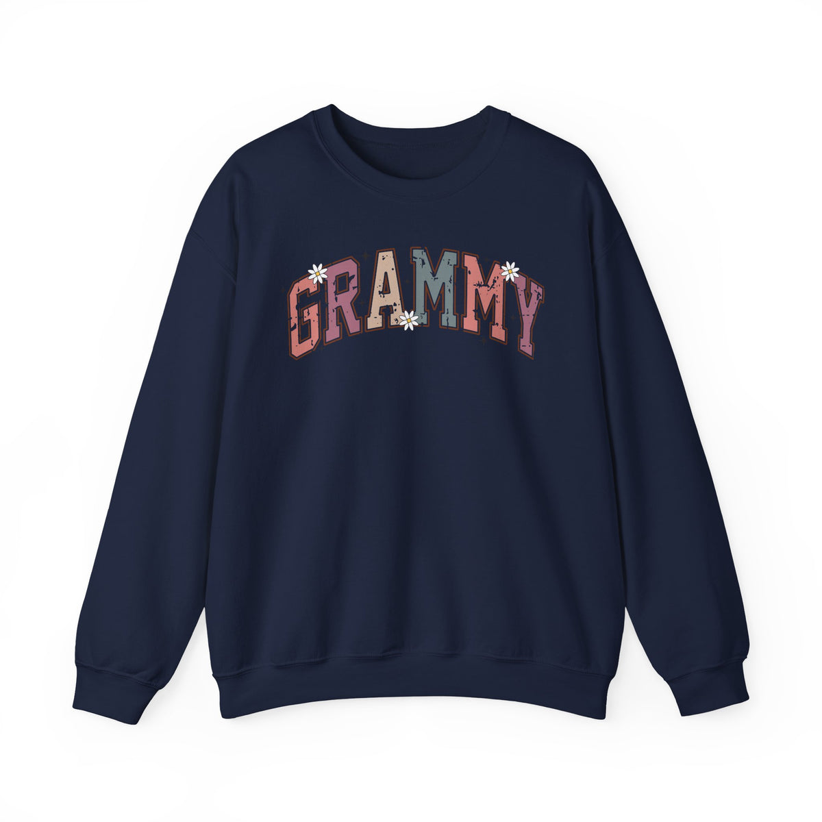 Navy Grammy retro daisy sweatshirt with varsity lettering and white daisies