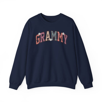 Navy Grammy retro daisy sweatshirt with varsity lettering and white daisies