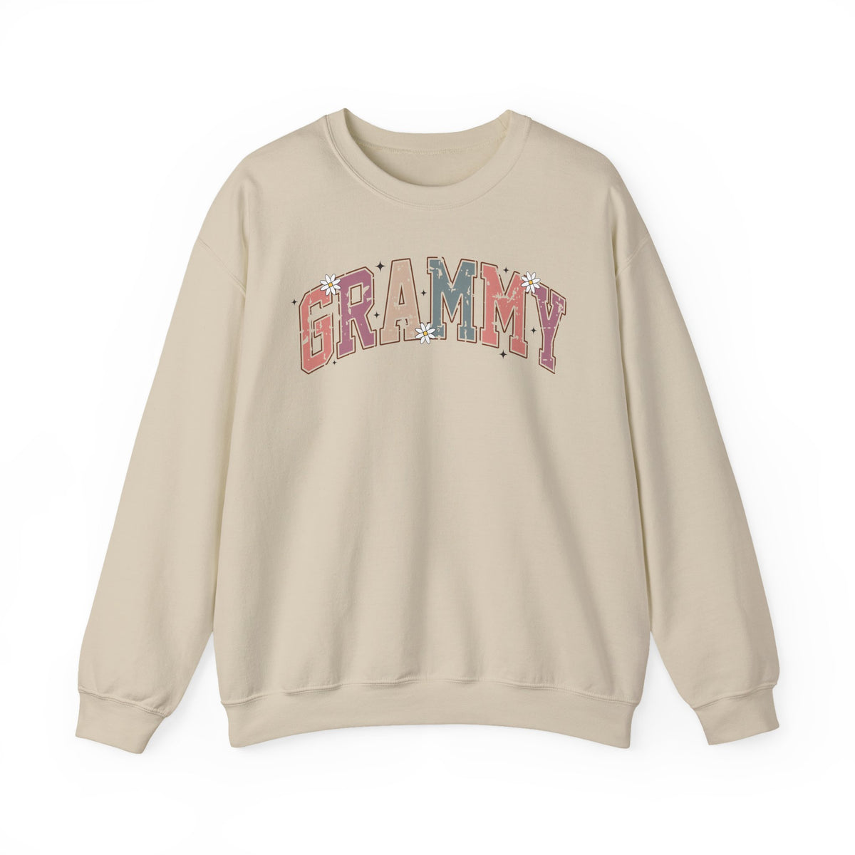 Sand Grammy retro daisy sweatshirt with varsity lettering and white daisies