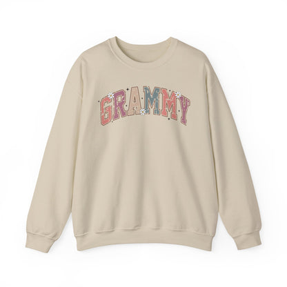 Sand Grammy retro daisy sweatshirt with varsity lettering and white daisies