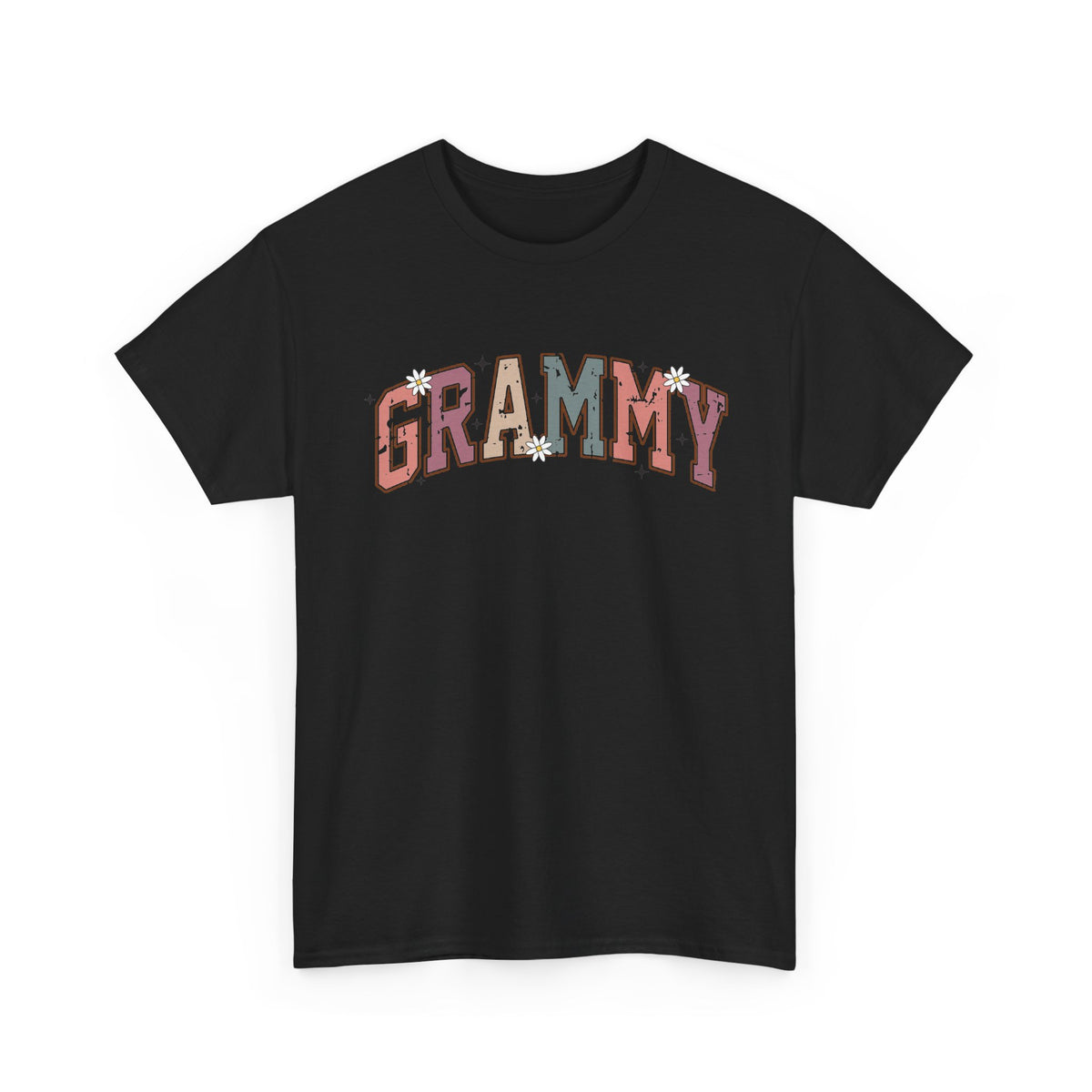 Black Grammy retro daisy t-shirt with varsity lettering and white daisies