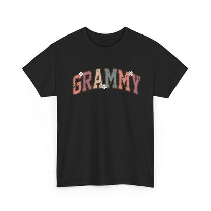 Black Grammy retro daisy t-shirt with varsity lettering and white daisies