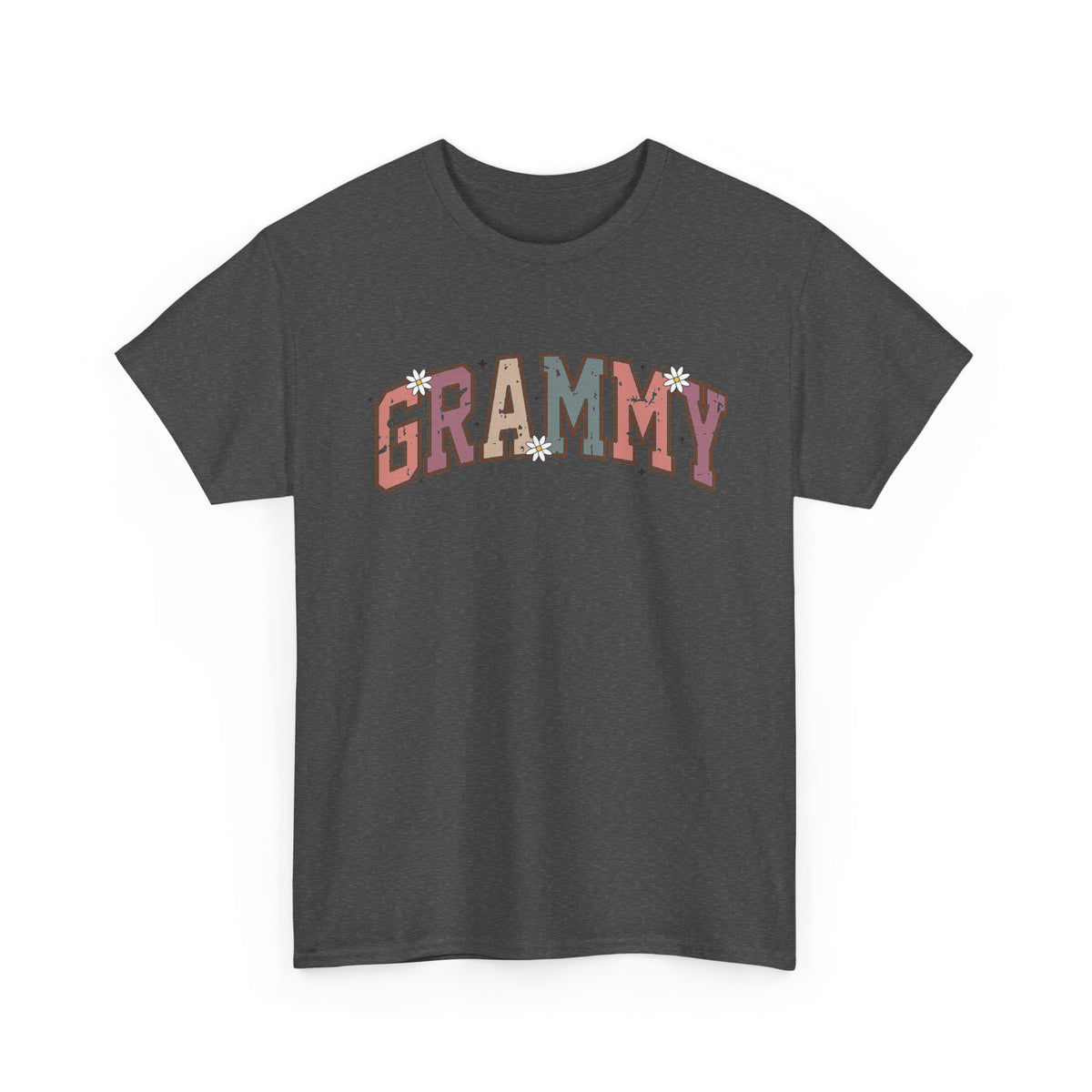 Dark heather Grammy retro daisy t-shirt with varsity lettering and white daisies