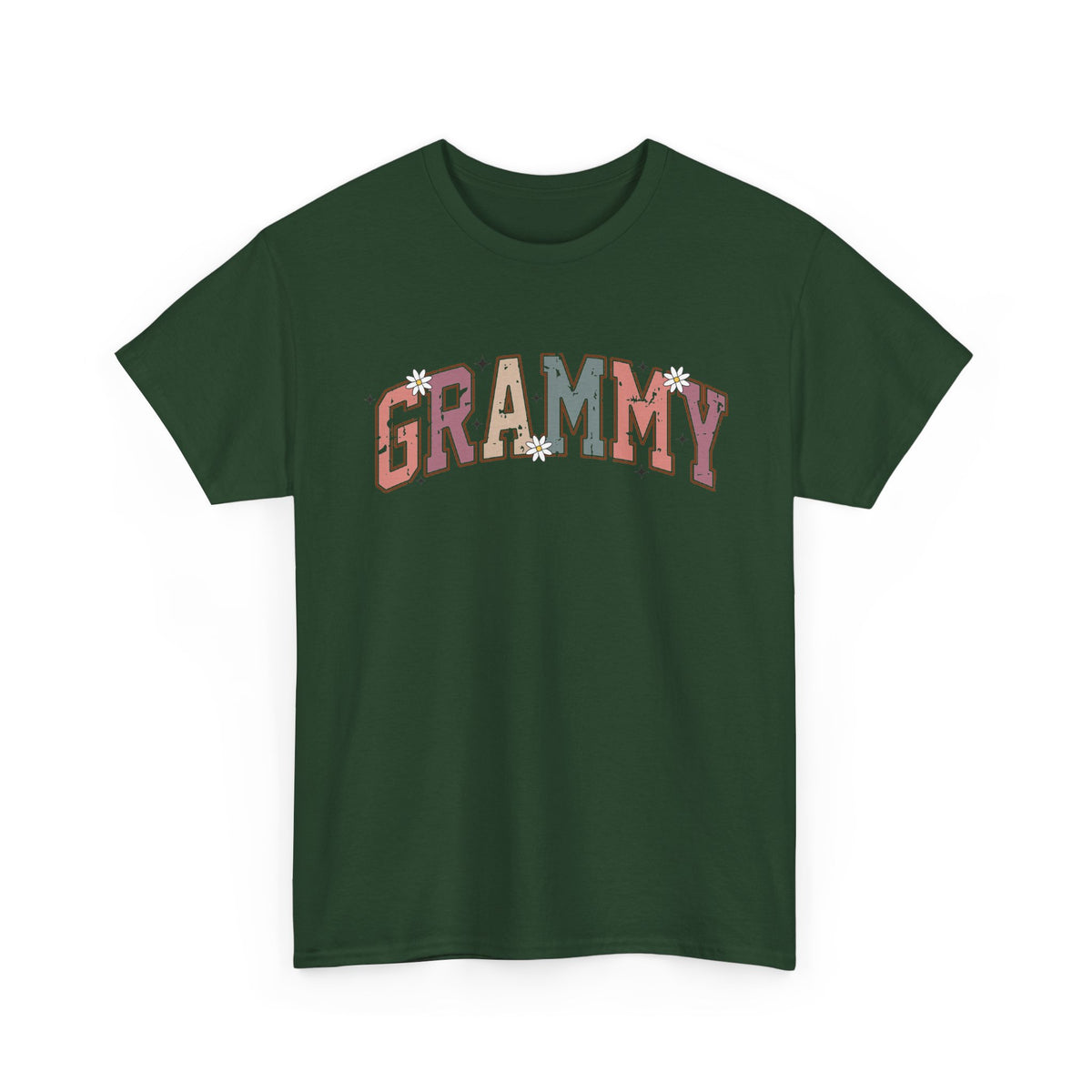 Forest green Grammy retro daisy t-shirt with varsity lettering and white daisies