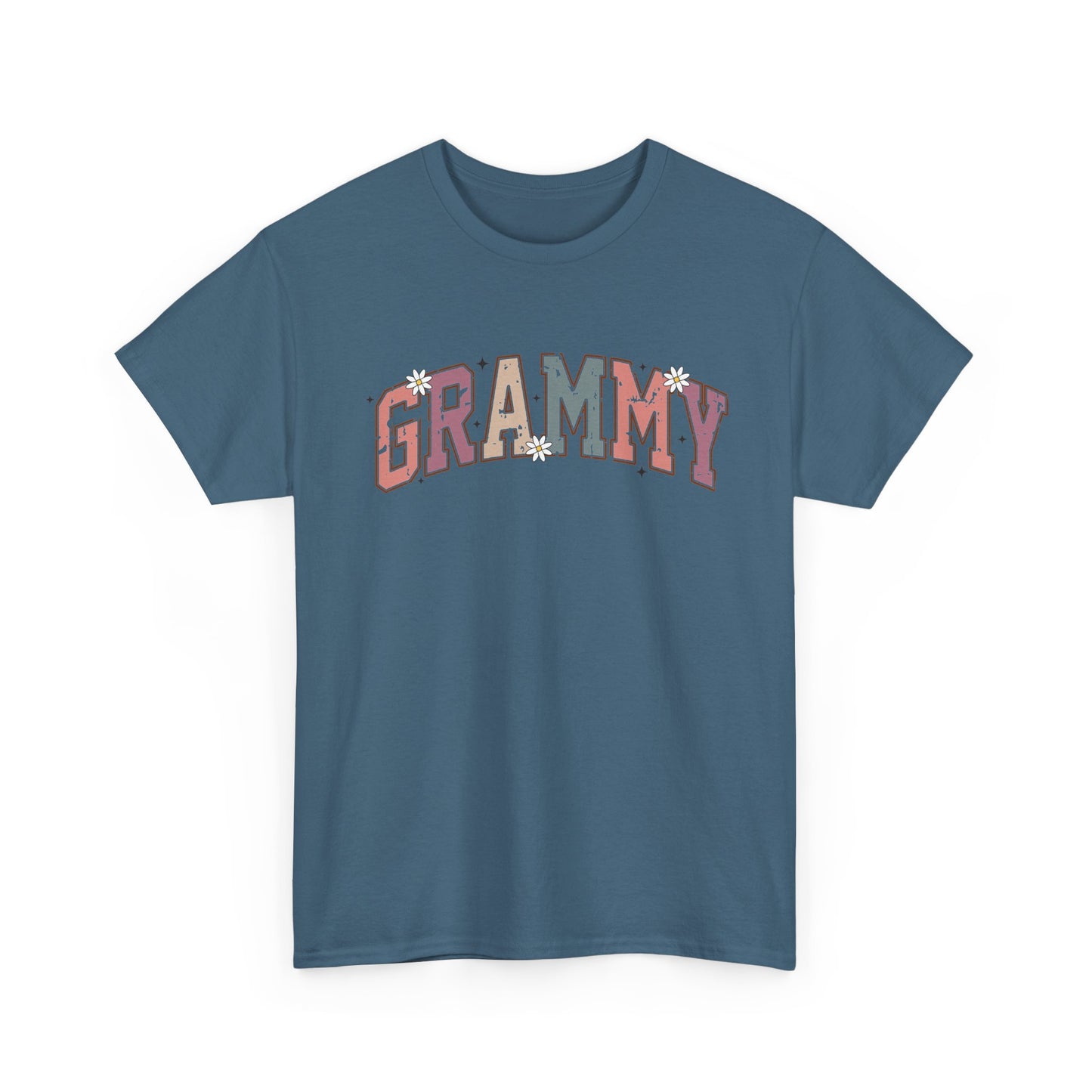 Indigo blue Grammy retro daisy t-shirt with varsity lettering and white daisies