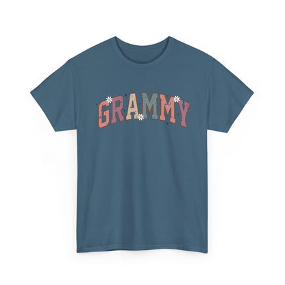 Indigo blue Grammy retro daisy t-shirt with varsity lettering and white daisies