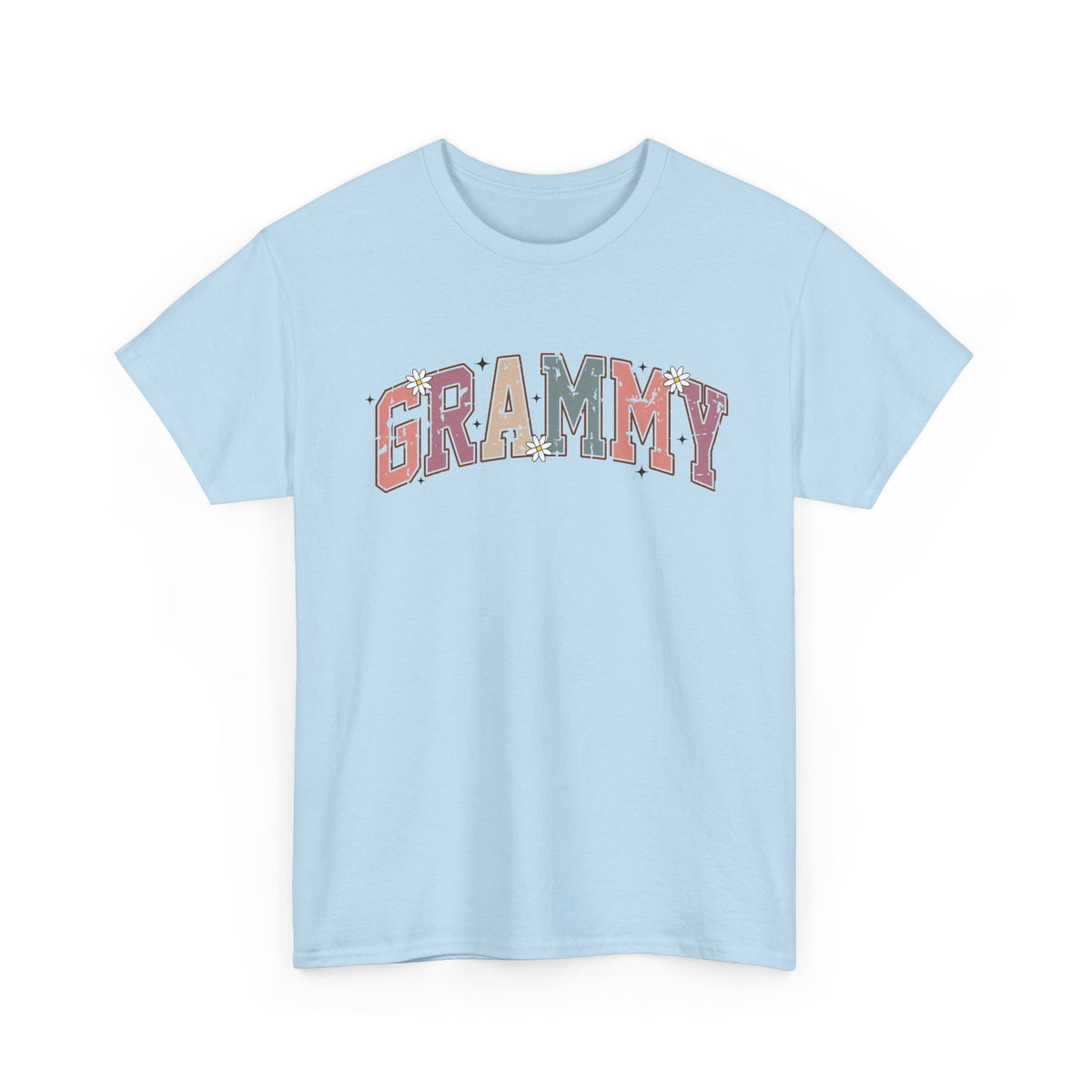 Light blue Grammy retro daisy t-shirt with varsity lettering and white daisies