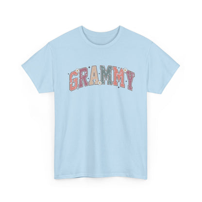Light blue Grammy retro daisy t-shirt with varsity lettering and white daisies