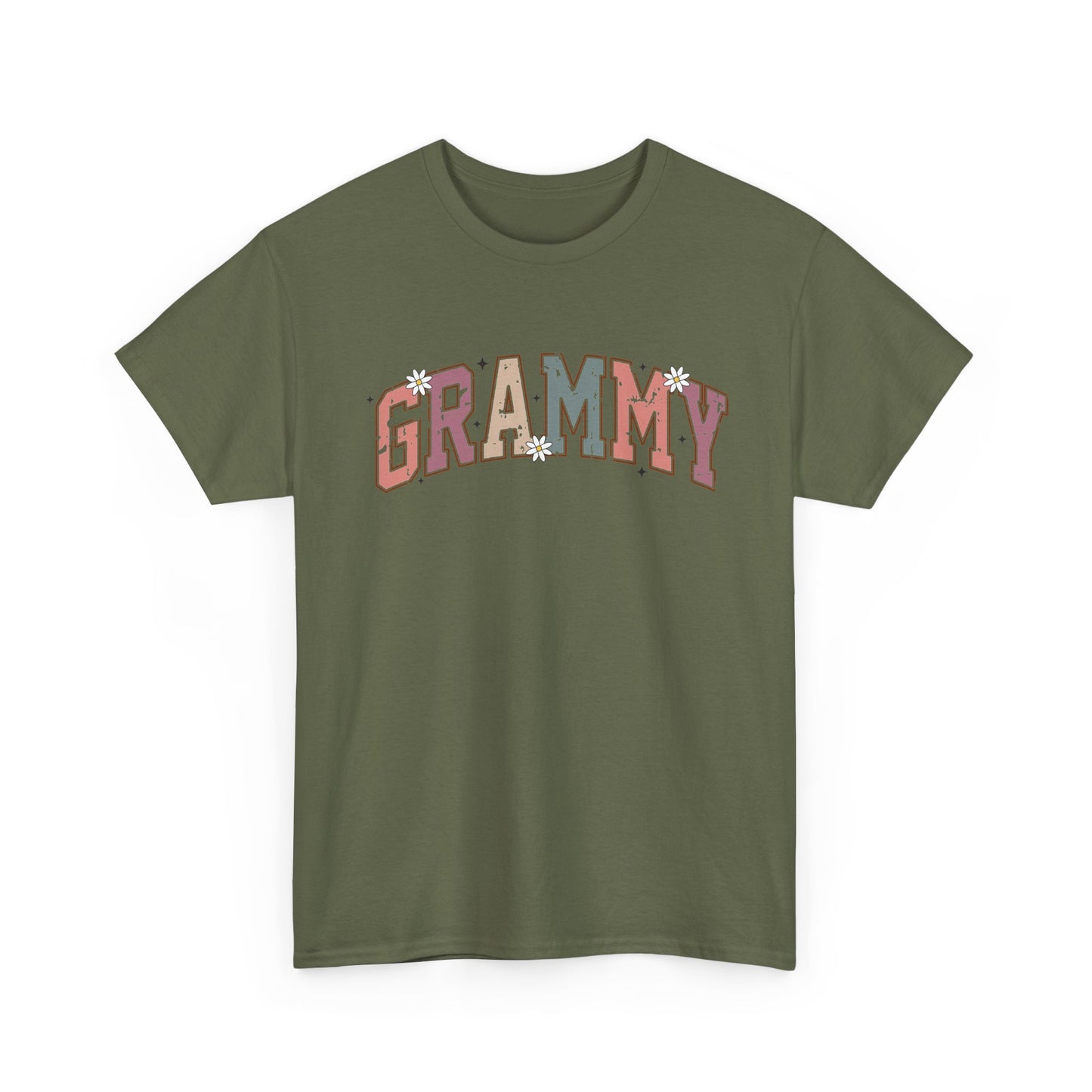 Military green Grammy retro daisy t-shirt with varsity lettering and white daisies