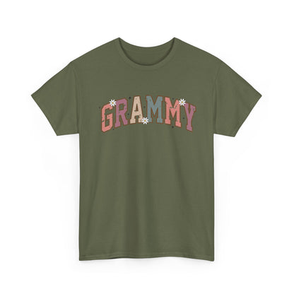 Military green Grammy retro daisy t-shirt with varsity lettering and white daisies