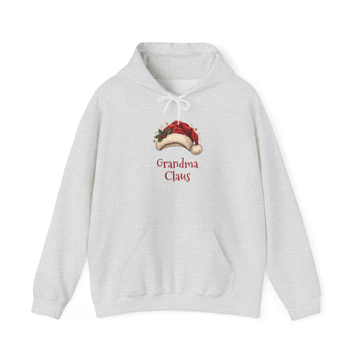 Ash Grandma Claus hoodie with a red Santa hat and holly, front view