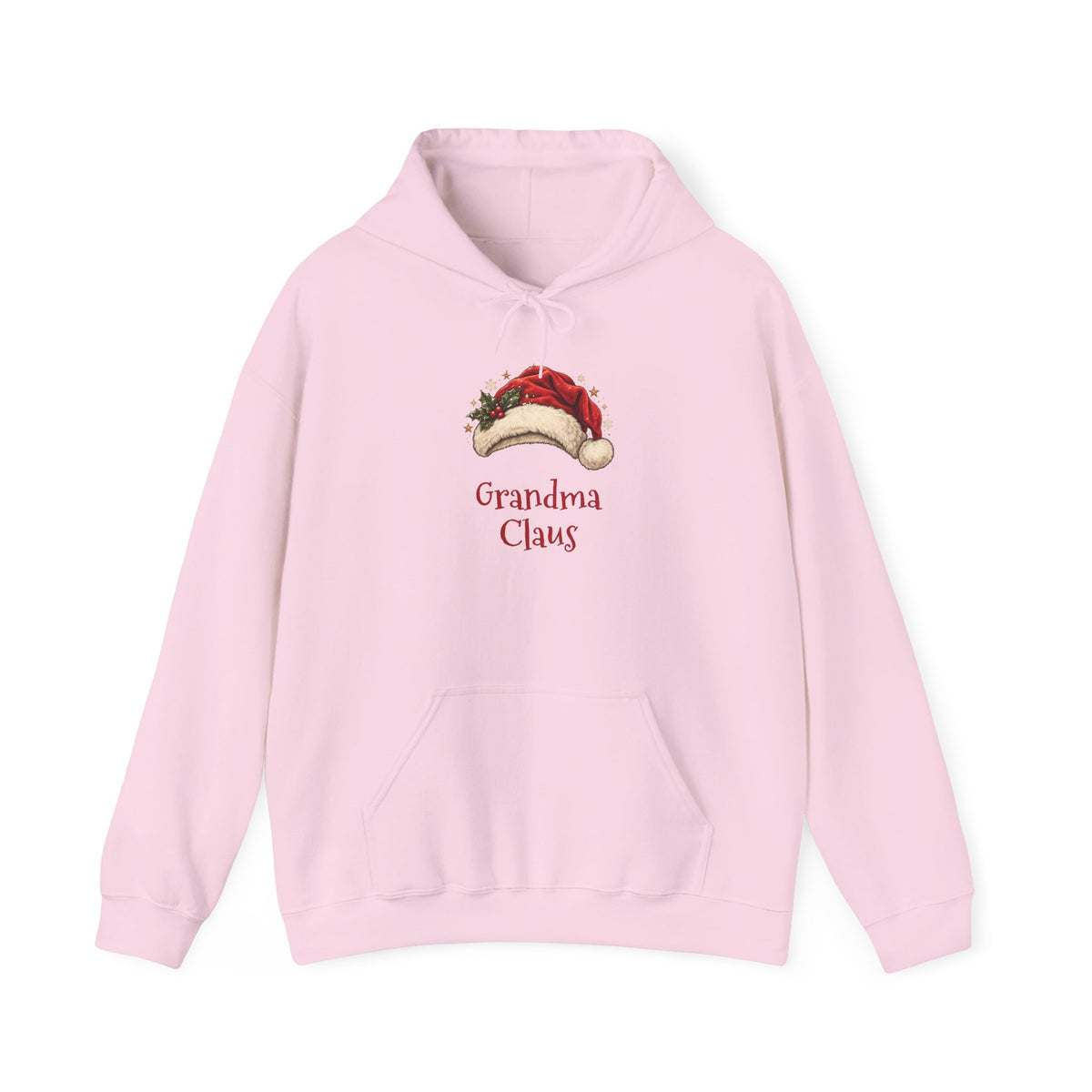 Light Pink Grandma Claus hoodie with a red Santa hat and holly, front view