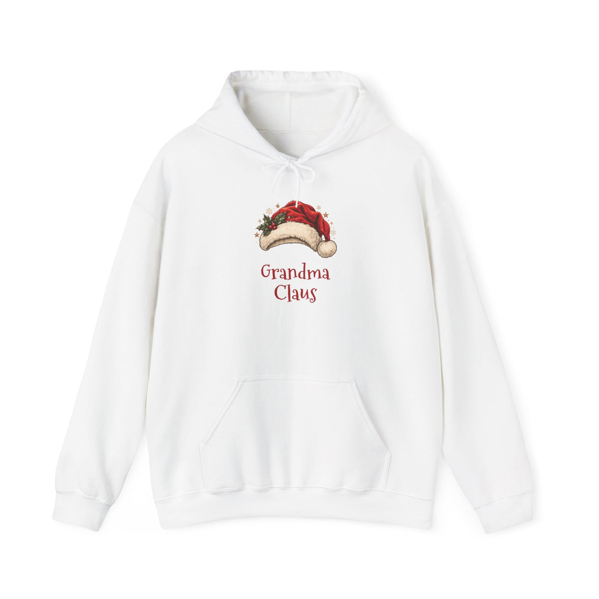 White Grandma Claus hoodie with a red Santa hat and holly, front view