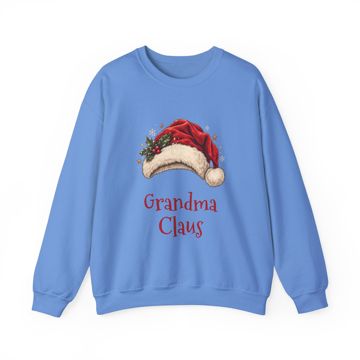 Carolina Blue Grandma Claus sweatshirt with a red Santa hat and holly, front view