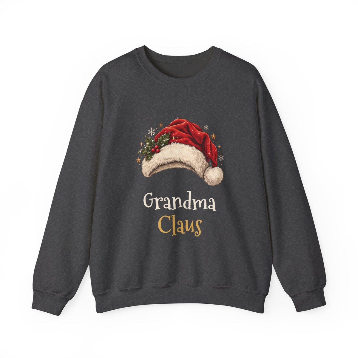 Dark Heather Grandma Claus sweatshirt with a red Santa hat and holly, front view