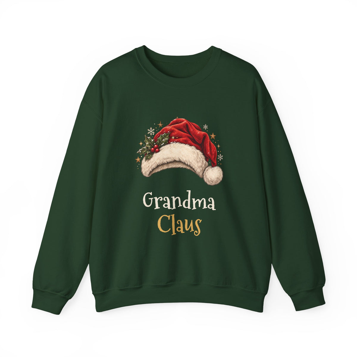 Forest Green Grandma Claus sweatshirt with a red Santa hat and holly, front view