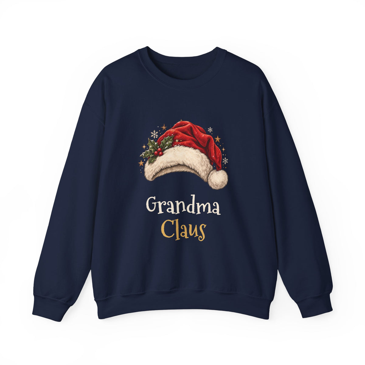 Navy Grandma Claus sweatshirt with a red Santa hat and holly, front view