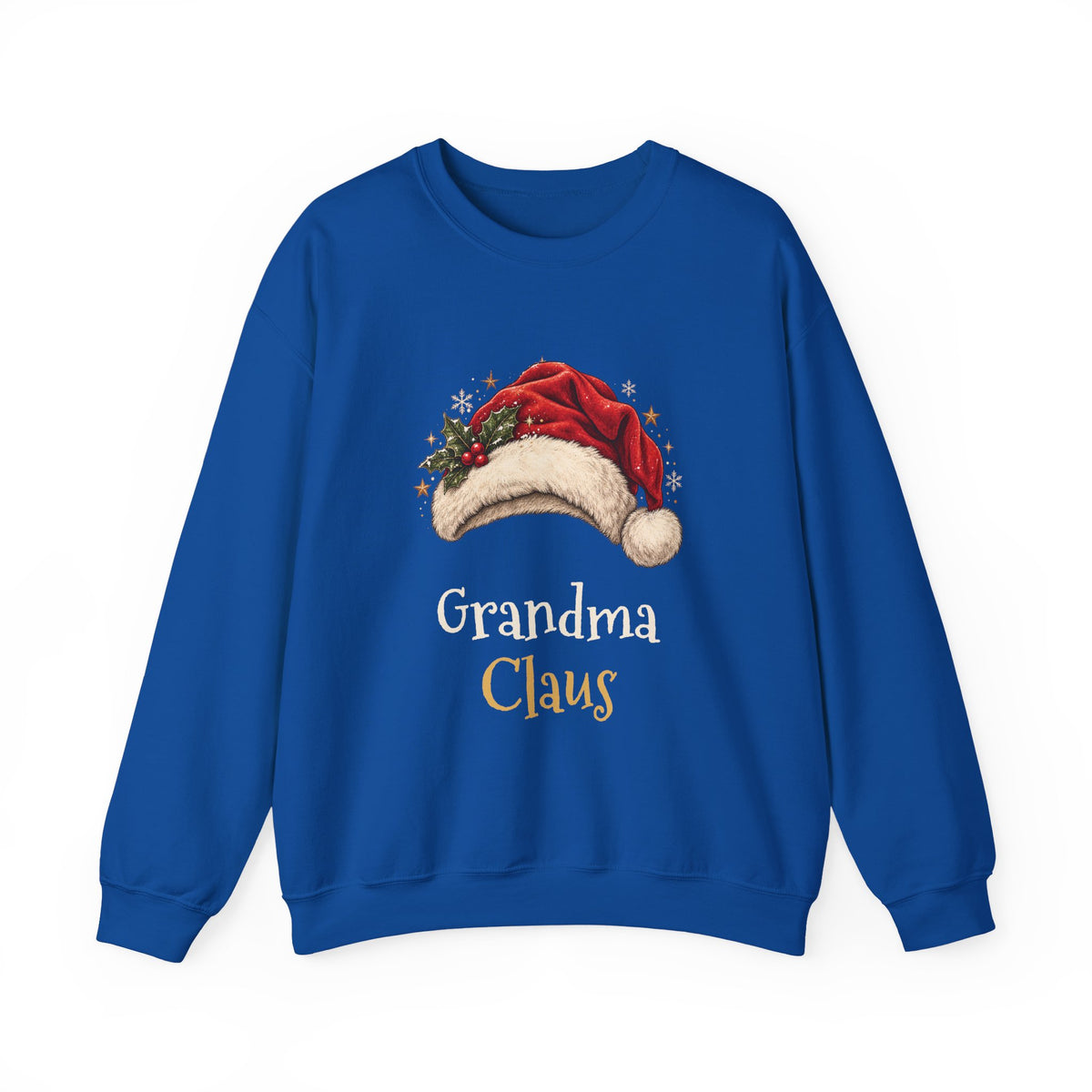 Royal Grandma Claus sweatshirt with a red Santa hat and holly, front view