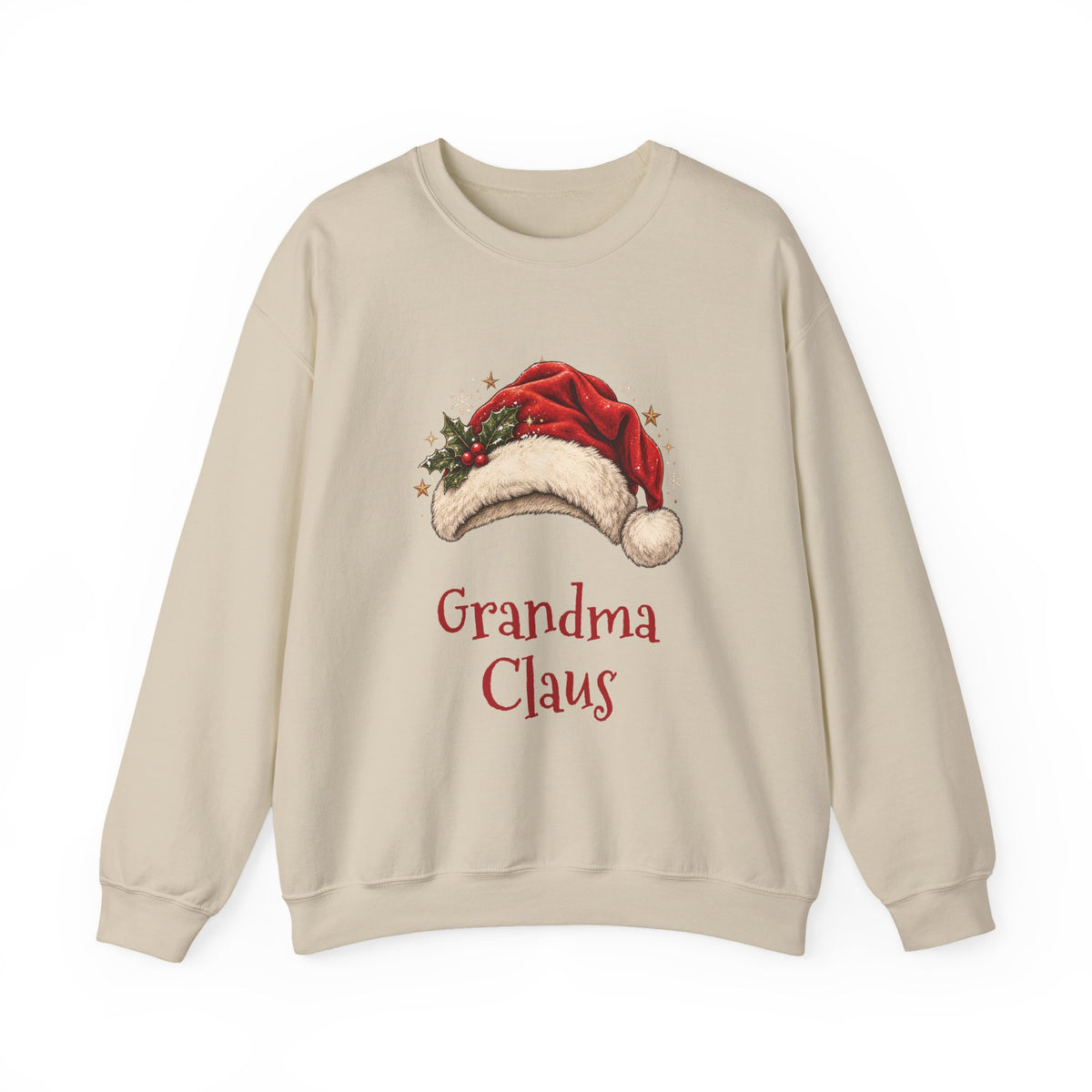 Sand Grandma Claus sweatshirt with a red Santa hat and holly, front view