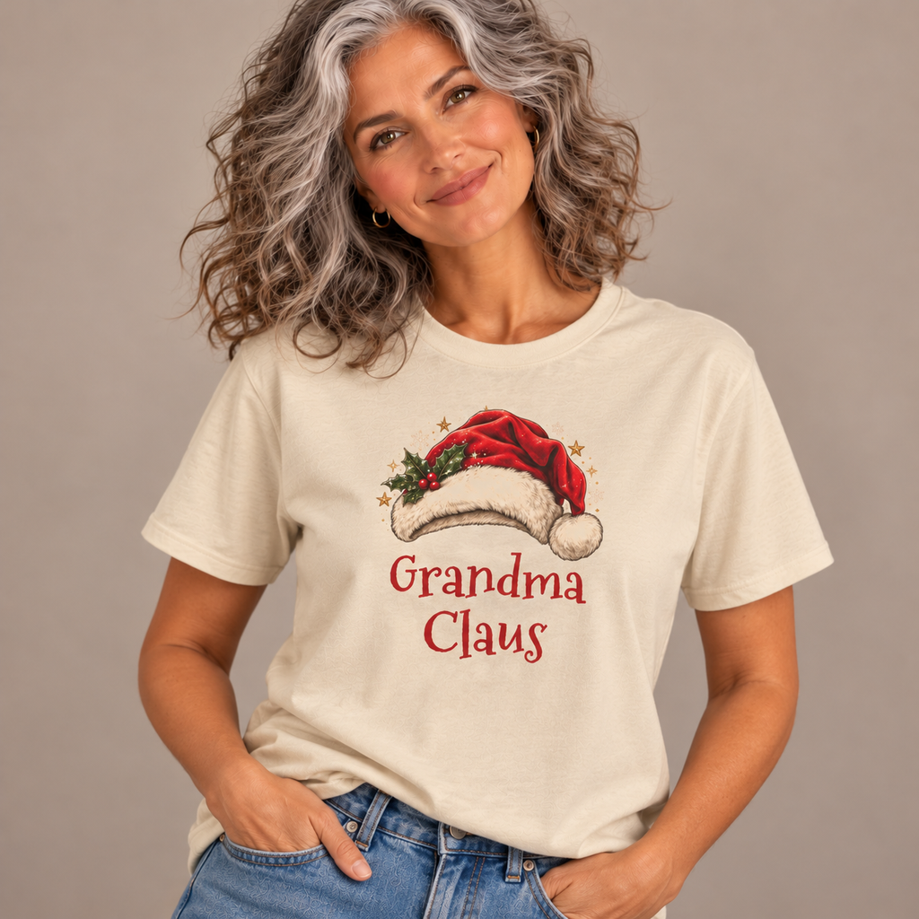 Woman wearing the Sand Grandma Claus T-Shirt with jeans