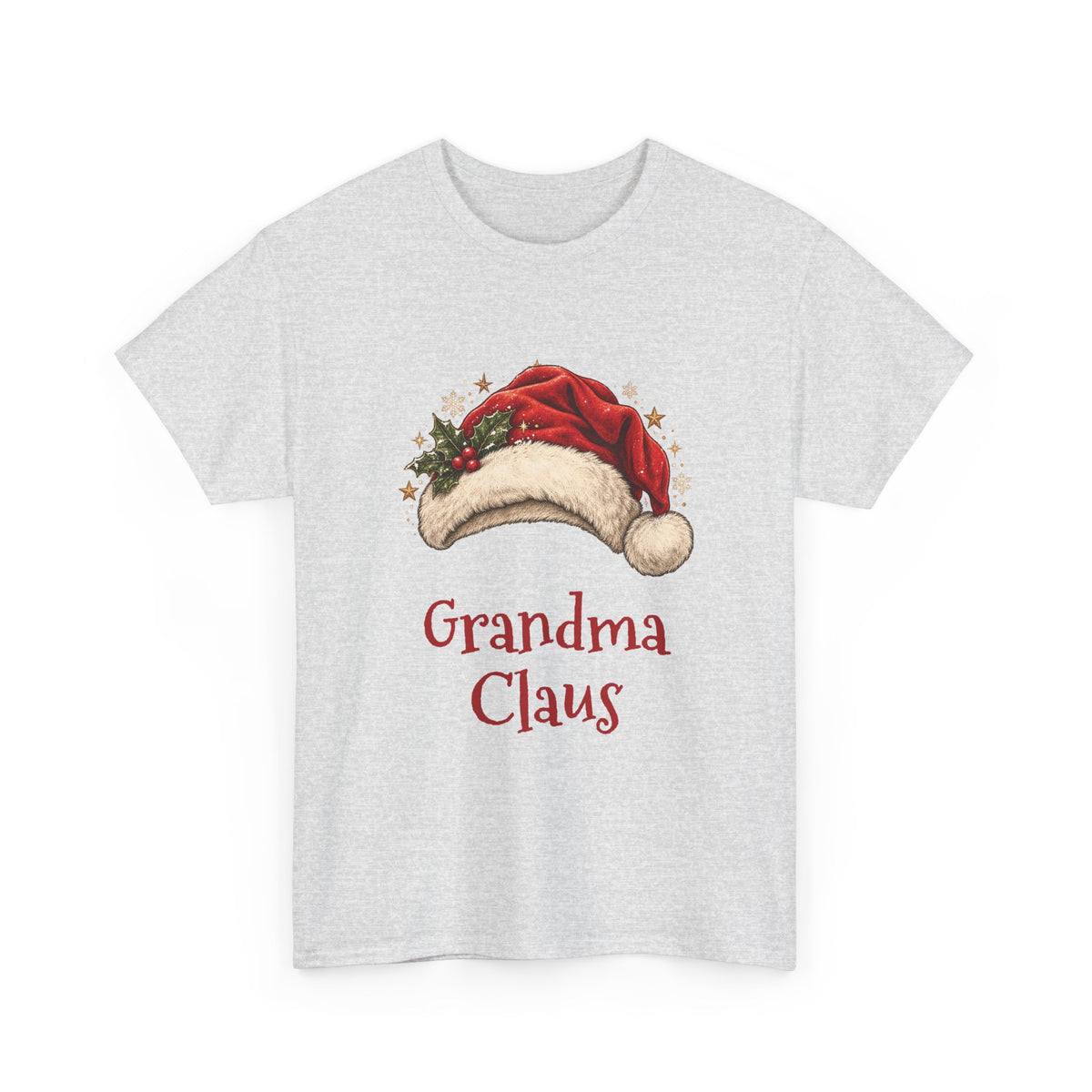 Ash Grandma Claus t-shirt with a red Santa hat and holly, front view