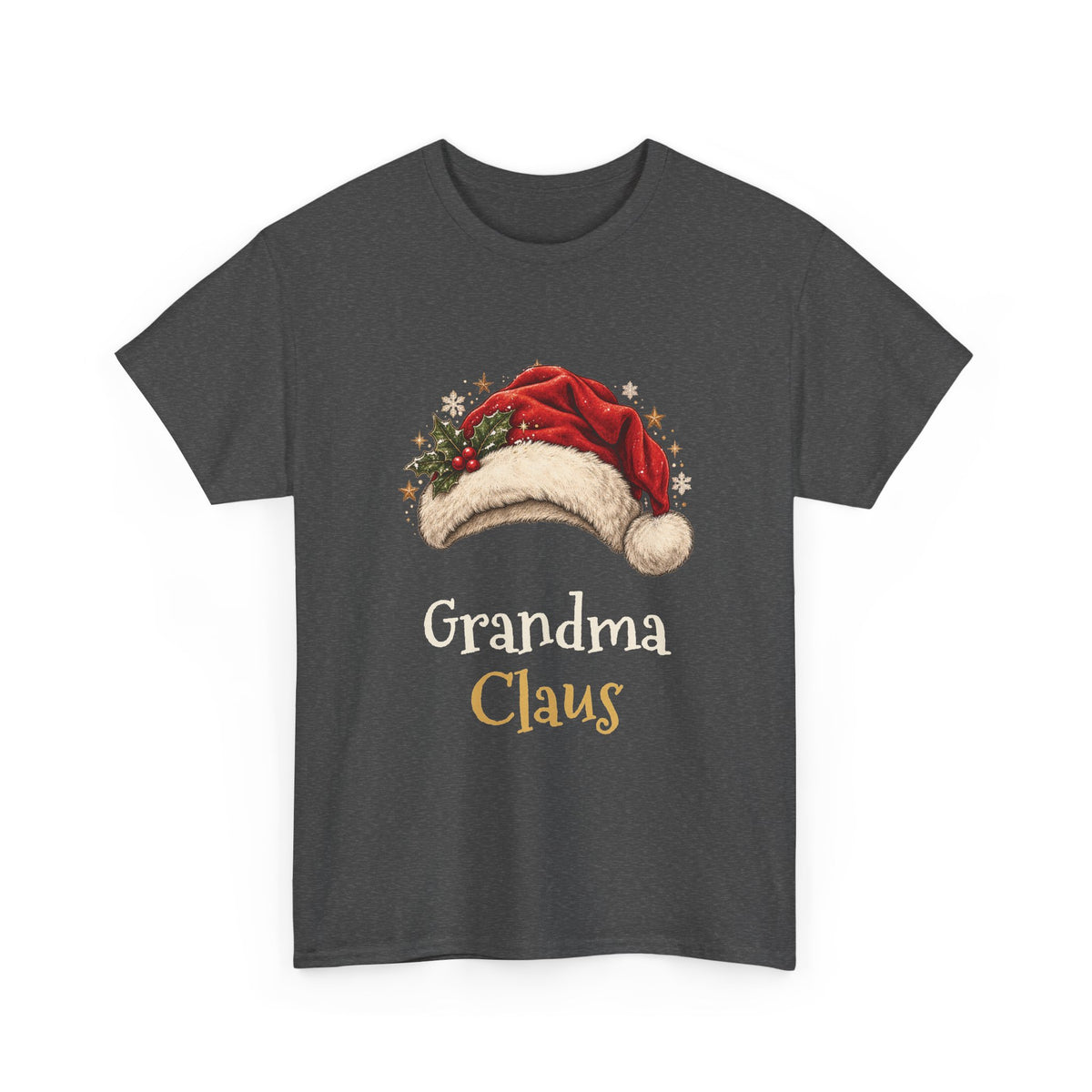 Dark Heather Grandma Claus t-shirt with a red Santa hat and holly, front view