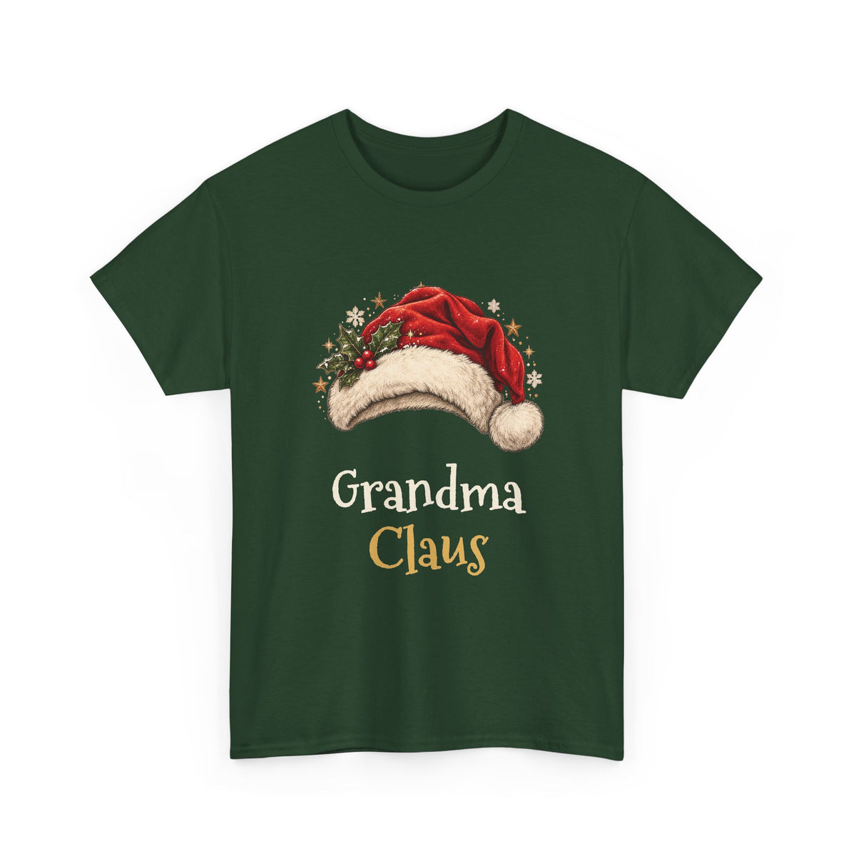 Forest Green Grandma Claus t-shirt with a red Santa hat and holly, front view