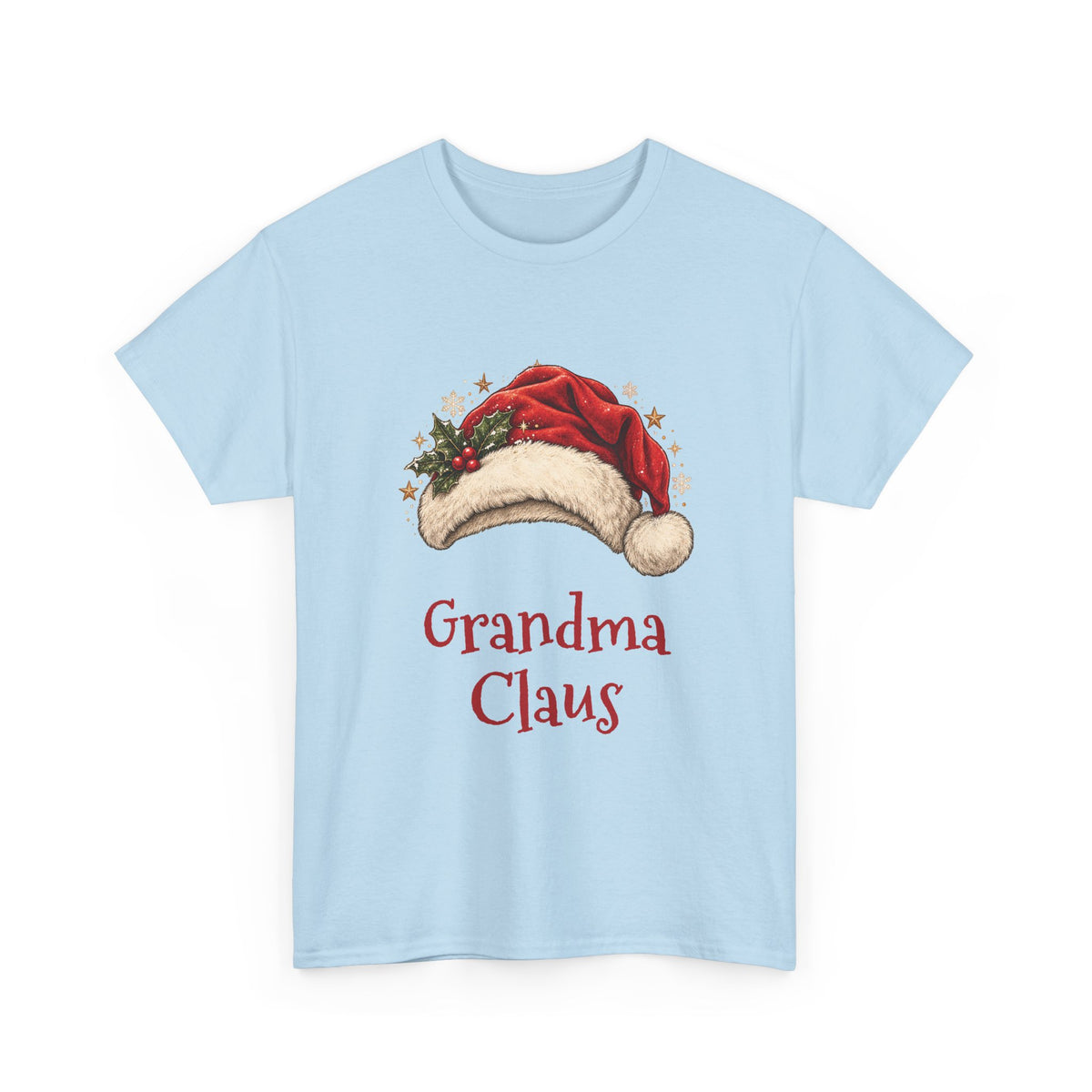 Light Blue Grandma Claus t-shirt with a red Santa hat and holly, front view