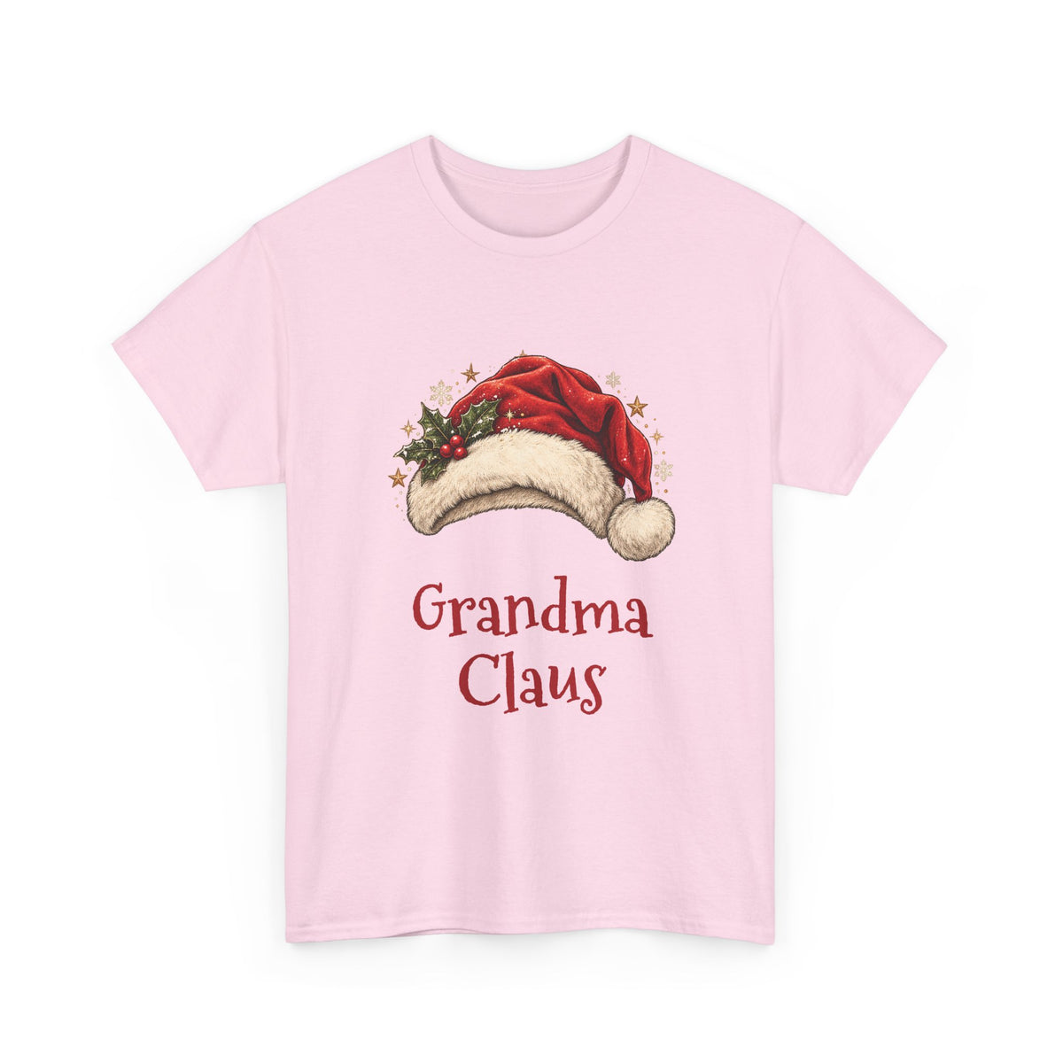 Light Pink Grandma Claus t-shirt with a red Santa hat and holly, front view