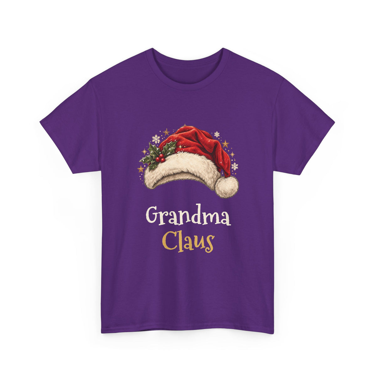 Purple Grandma Claus t-shirt with a red Santa hat and holly, front view