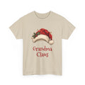 Sand Grandma Claus t-shirt with a red Santa hat and holly, front view