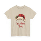 Sand Grandma Claus t-shirt with a red Santa hat and holly, front view