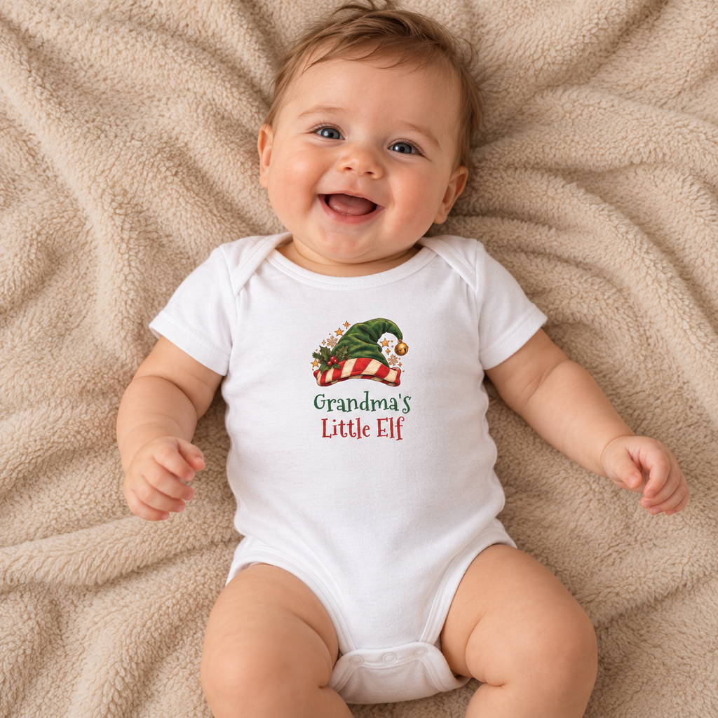Baby wearing the White Grandma's Little Elf Baby Bodysuit