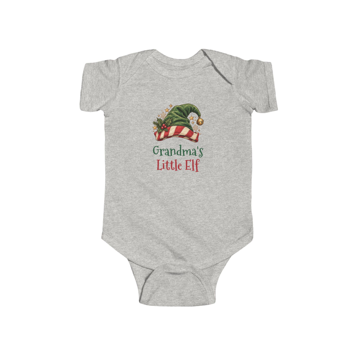 Ash Grandma's Little Elf baby bodysuit with a green elf hat and holly, front view