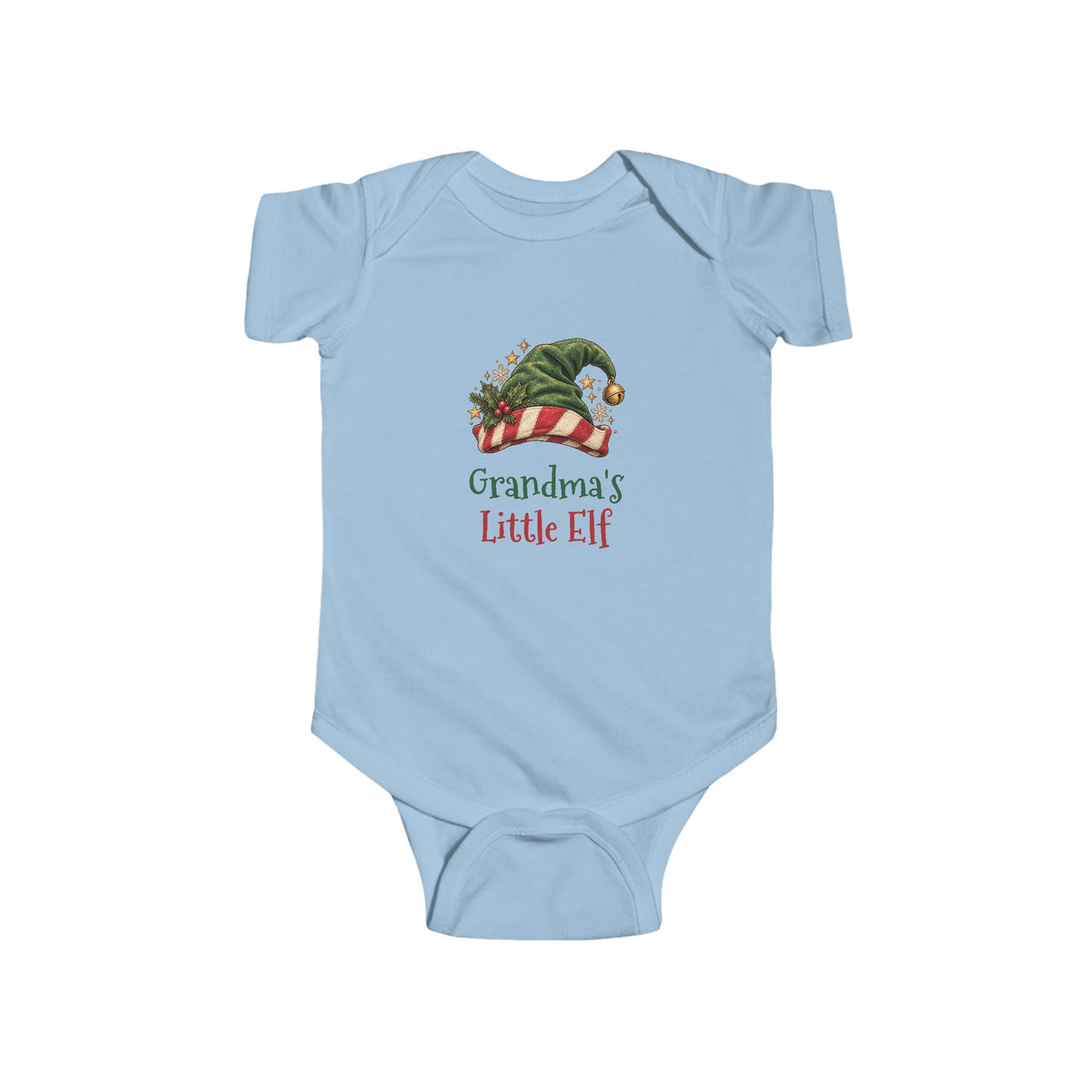 Light Blue Grandma's Little Elf baby bodysuit with a green elf hat and holly, front view