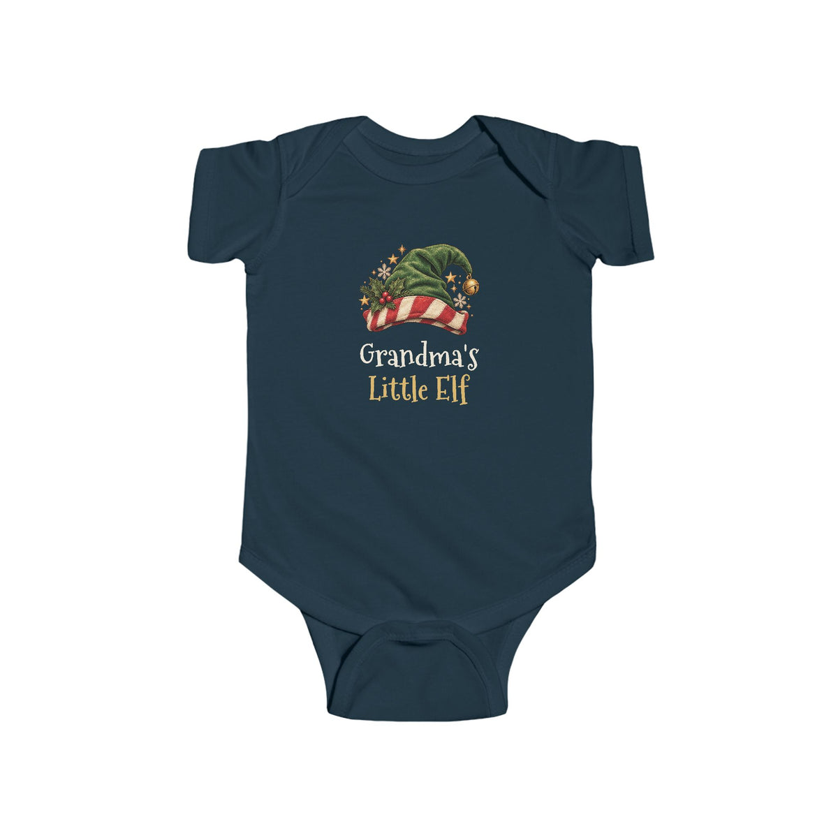 Navy Grandma's Little Elf baby bodysuit with a green elf hat and holly, front view