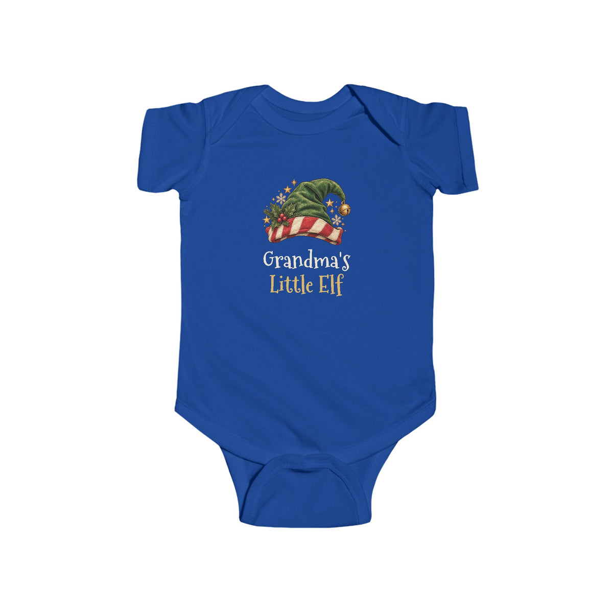 Royal Grandma's Little Elf baby bodysuit with a green elf hat and holly, front view