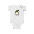 White Grandma's Little Elf baby bodysuit with a green elf hat and holly, front view