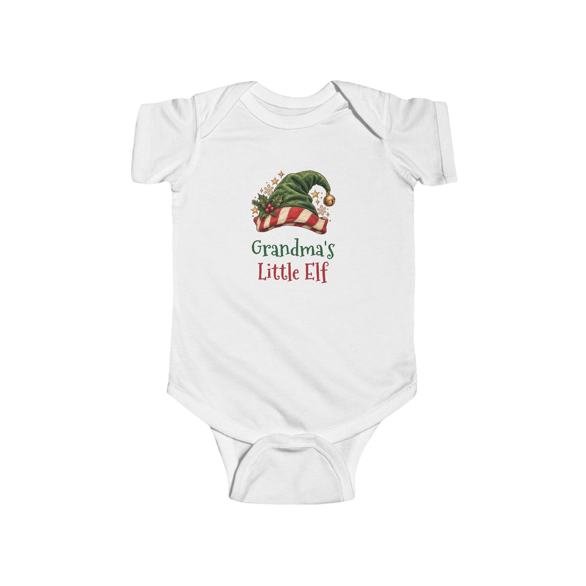 White Grandma's Little Elf baby bodysuit with a green elf hat and holly, front view