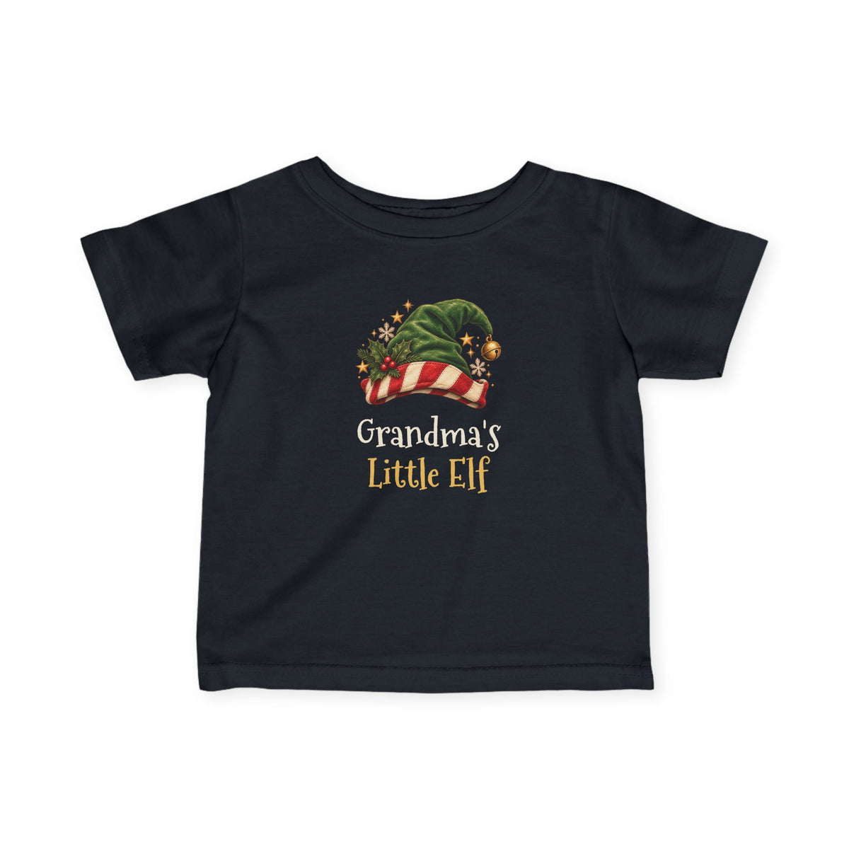 Black Grandma's Little Elf baby t-shirt with a green elf hat and holly, front view