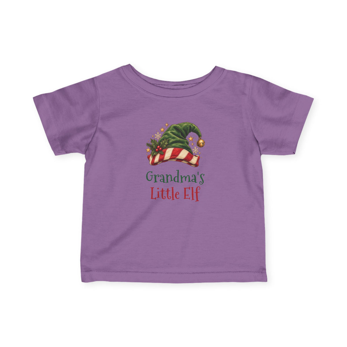 Lavender Grandma's Little Elf baby t-shirt with a green elf hat and holly, front view