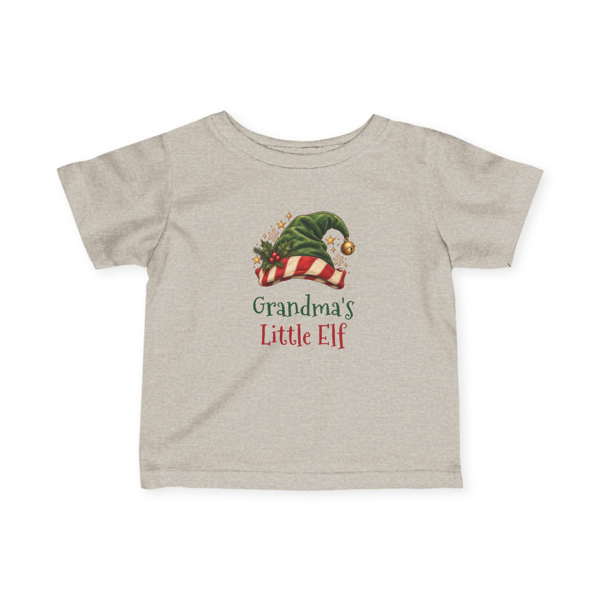 Natural Heather Grandma's Little Elf baby t-shirt with a green elf hat and holly, front view