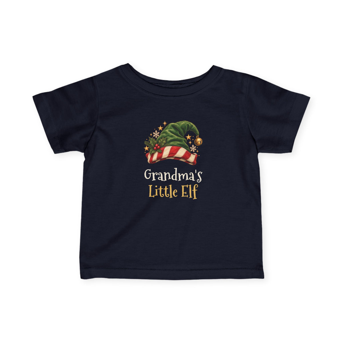 Navy Grandma's Little Elf baby t-shirt with a green elf hat and holly, front view